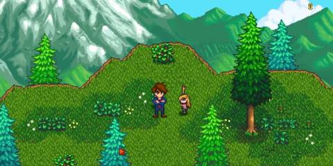 A character from Haunted Chocolatier swinging a stick at Kel from Stardew Valley