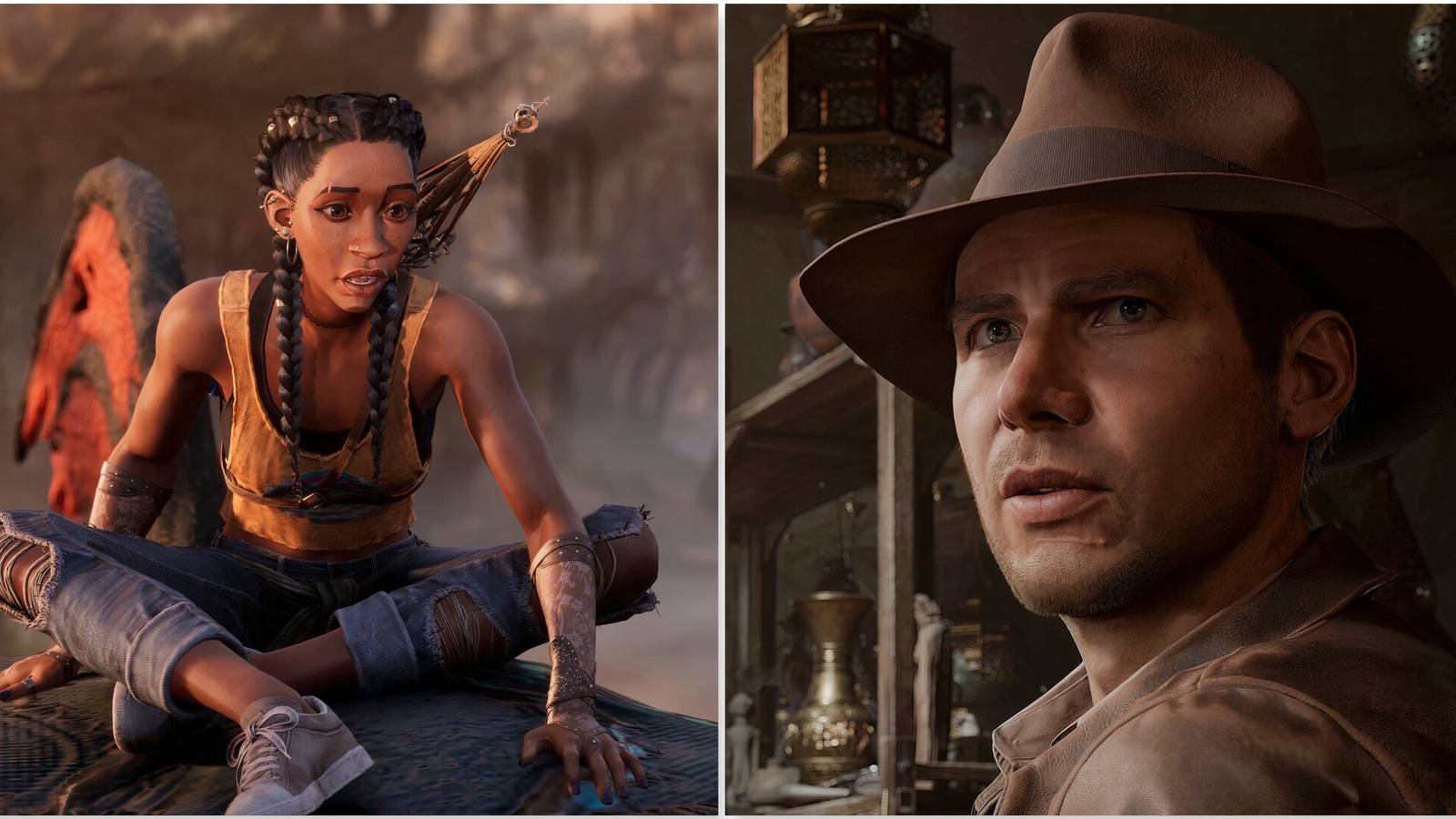 Hazel sitting in South Of Midnight and Indiana in Indiana Jones And The Great Circle