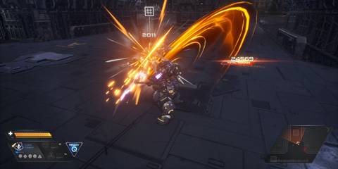Heavy melee attack dealing 24,569 damage, showing epic close combat from top-tier Mecha building games