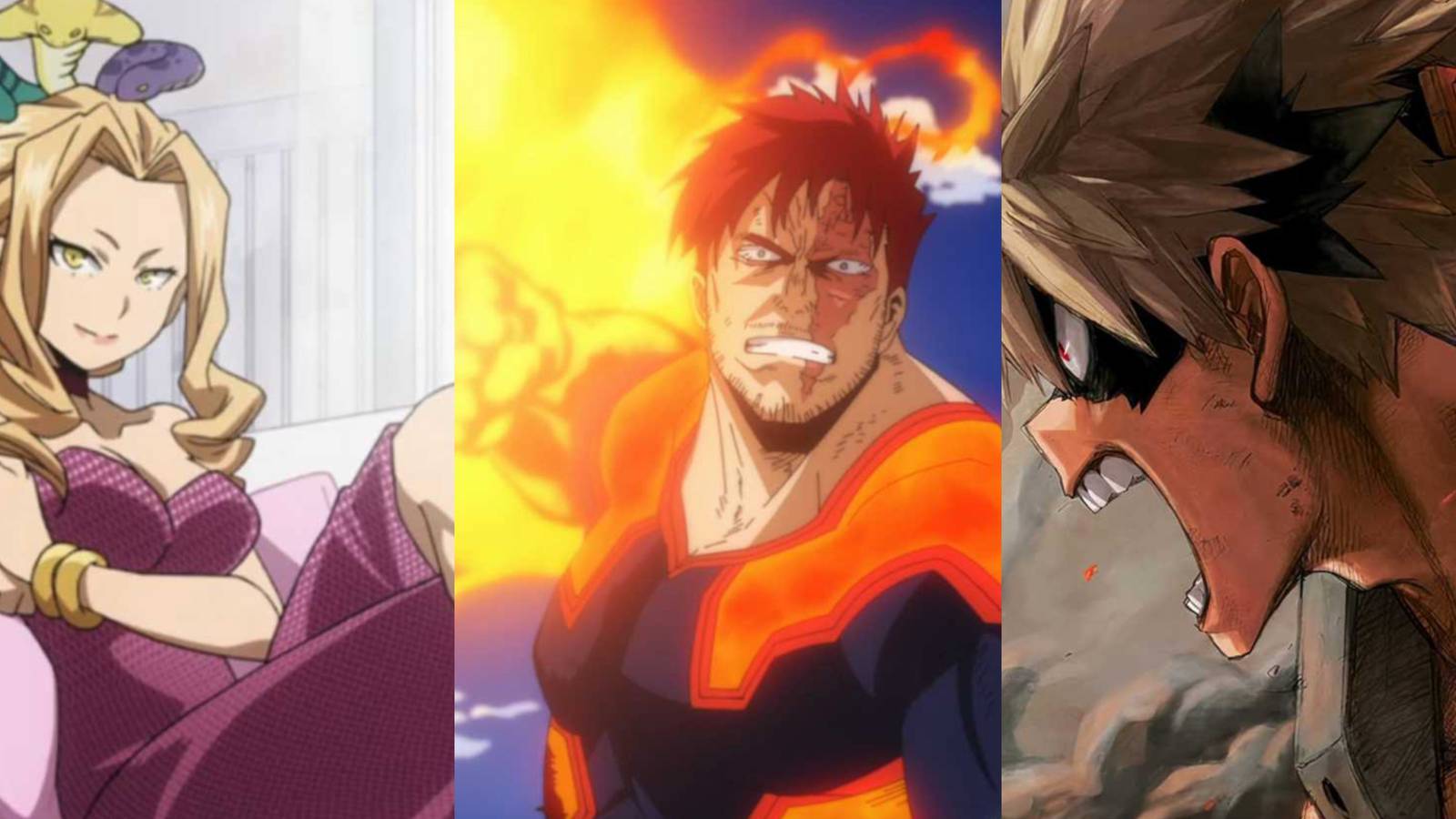 left to right split image of Uwabami, endeavor and katsuki bakugou