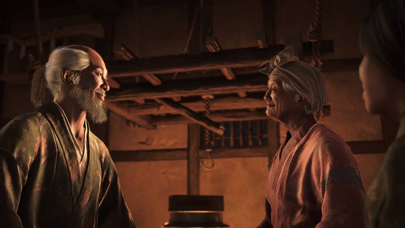 Yoshimaru, Matsu, and Naoe enjoy a conversation after dinner in Assassin's Creed Shadows