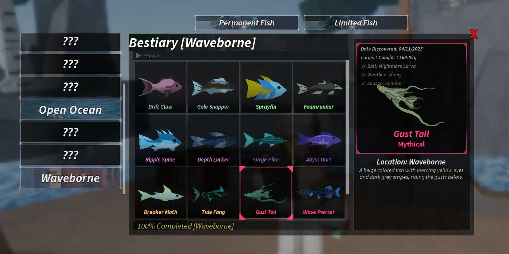 how to complete the waveborne bestiary in fisch 
