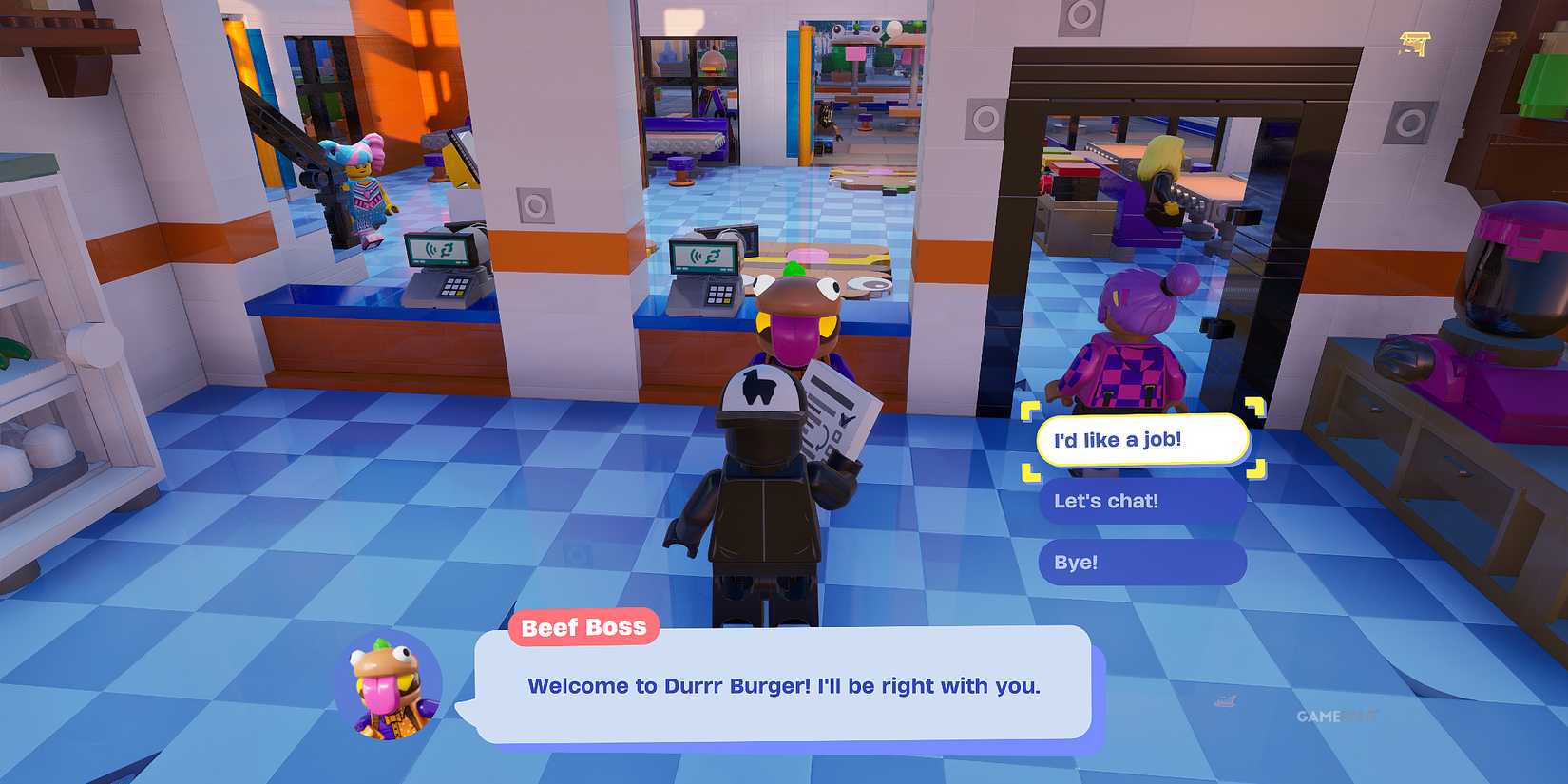how to get hired at Durrr Burger in LEGO Fortnite Brick Life