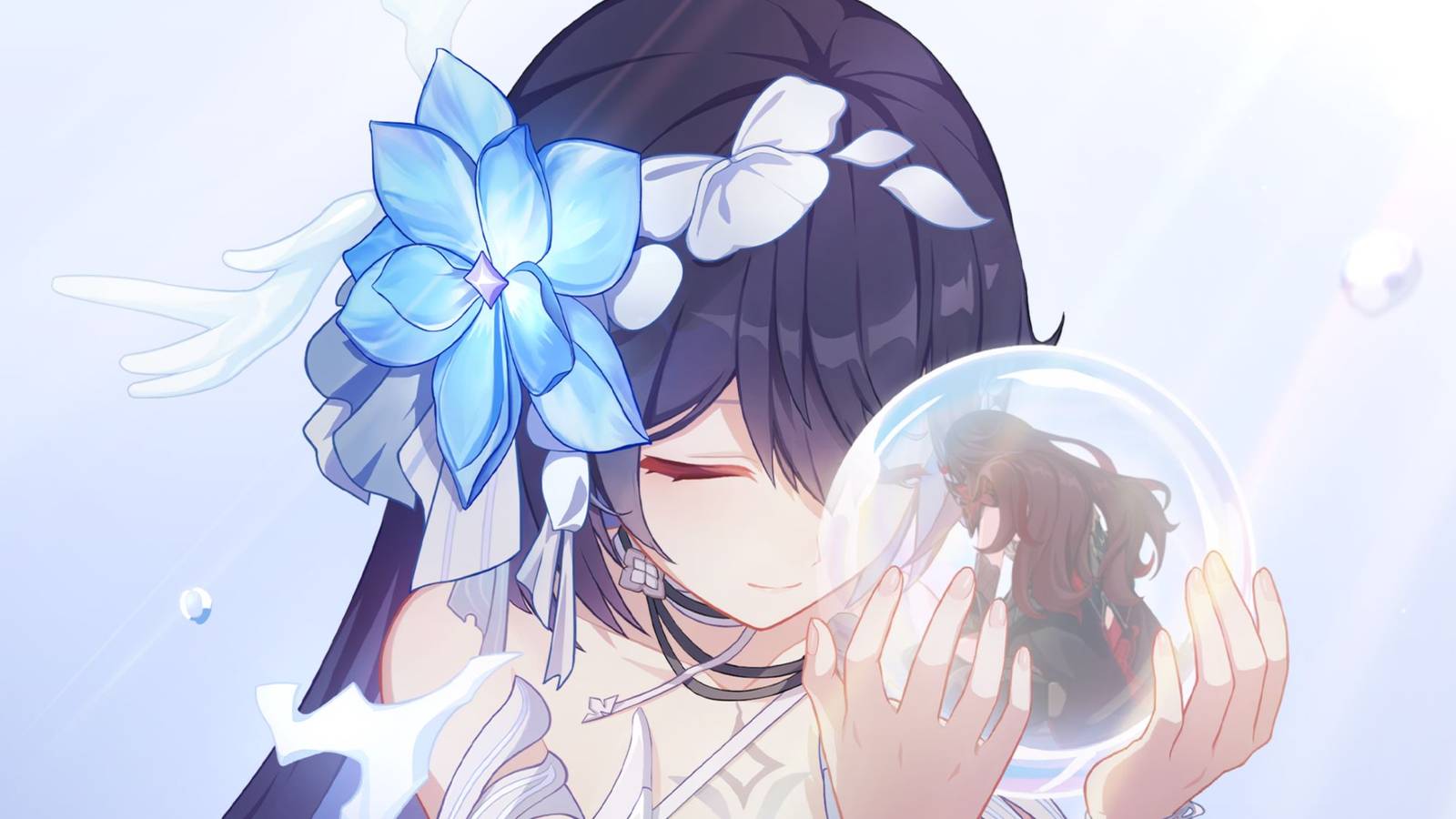 honkai impact 3rd seele holding a bubble with a person in it