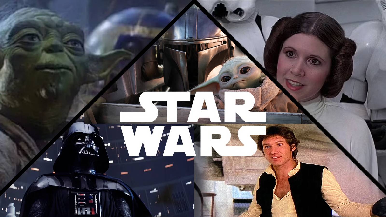 split image of Yoda Leia, Han Solo Darth Vader and mandalorian and grogu 