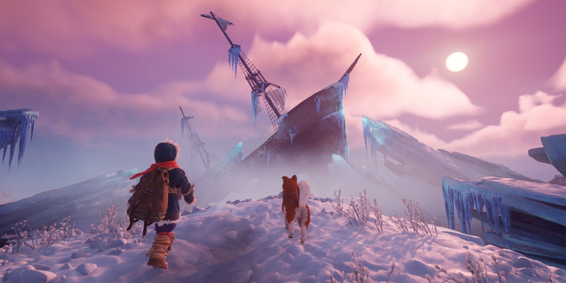 ikuma frozen compass boy and dog looking at ship