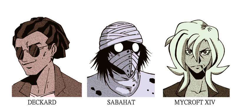 Left to right: Deckard, Sabahat, and Professor Mycroft XIV