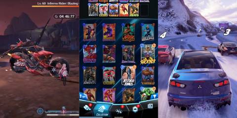 Wuthering Waves on left, marvel snap in center and asphalt legends unite on right