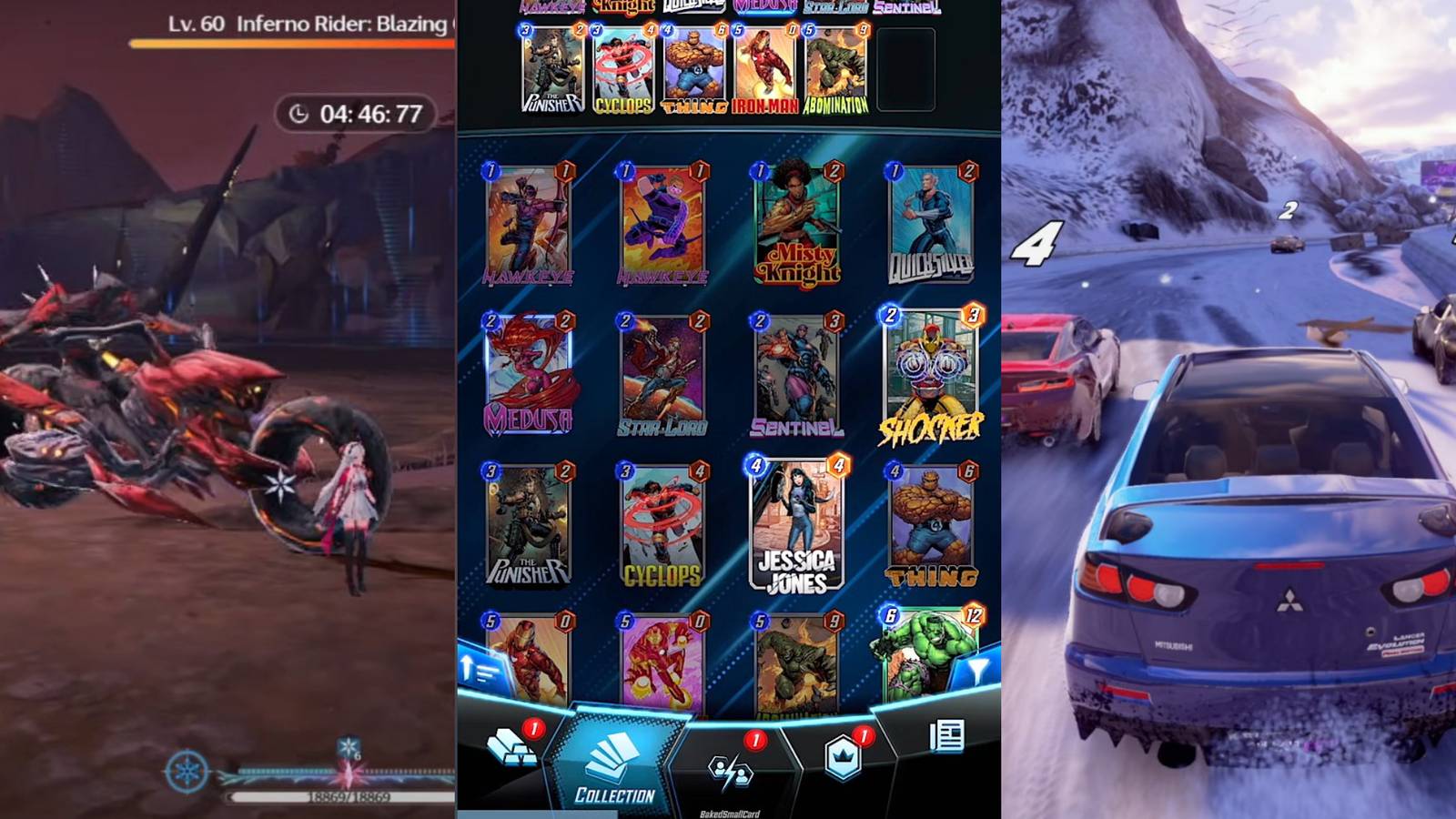 Wuthering Waves on left, marvel snap in center and asphalt legends unite on right