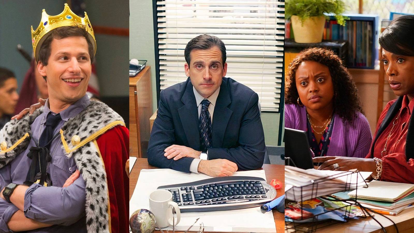 Jake Peralta as a king in Brooklyn Nine-Nine, Michael Scott at his desk in The Office, and Janine with Barbara in Abbott Elementary (1)