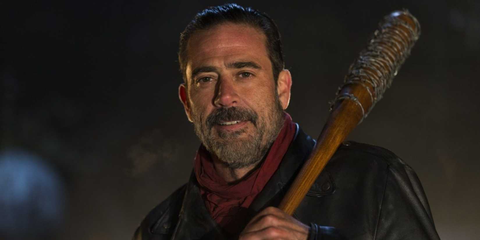 Jeffrey Dean Morgan holds Lucille the bat while playing Negan in The Walking Dead