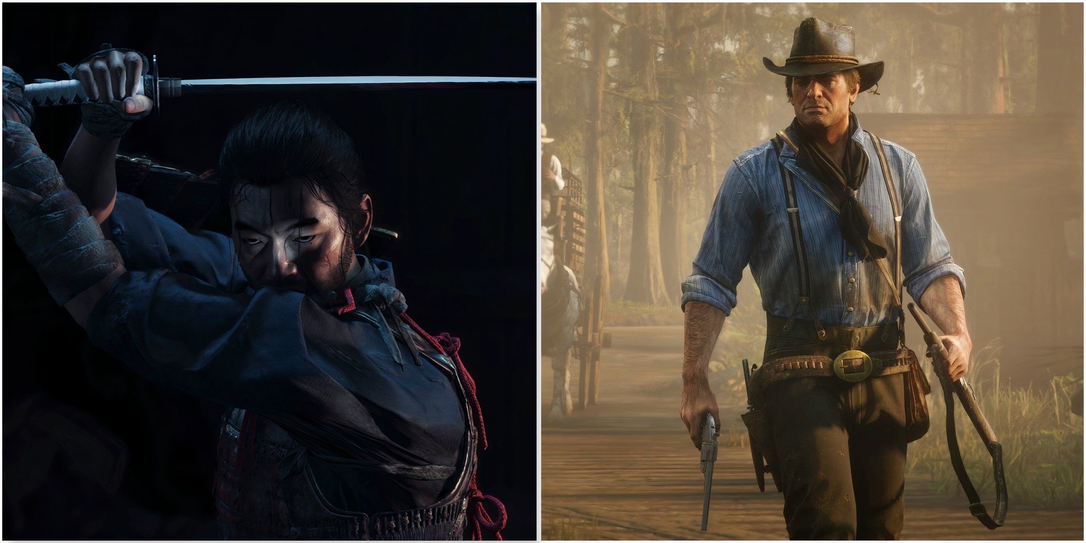 Jin holds a ghost blade by Tsushima and Arthur Morgan in Red Dead Redemption 2
