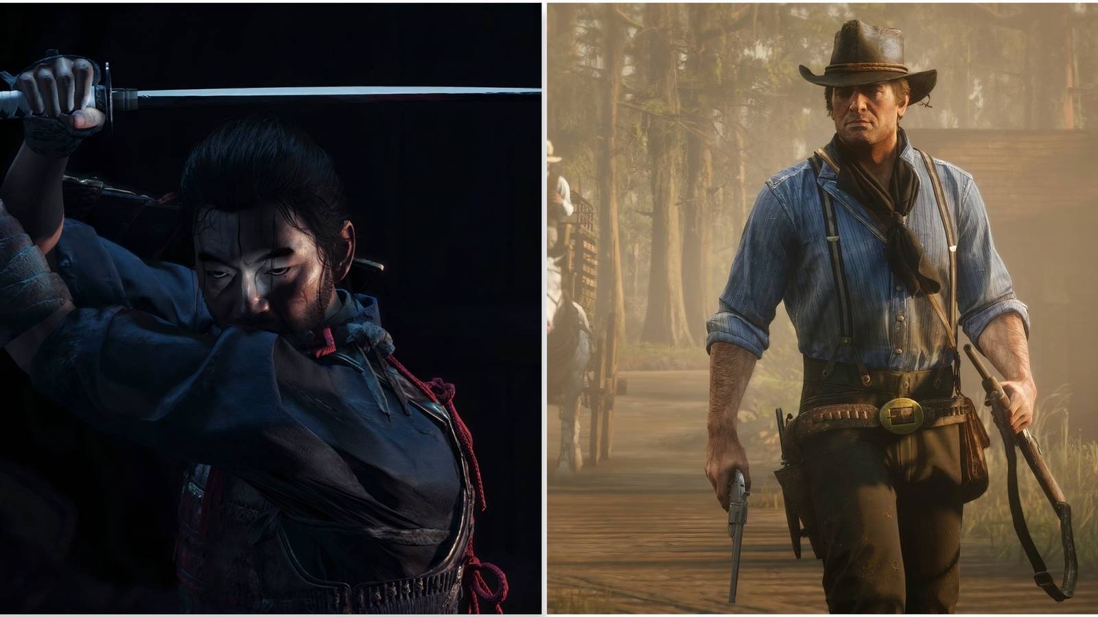 Jin holding a blade in Ghost Of Tsushima and Arthur Morgan in Red Dead Redemption 2