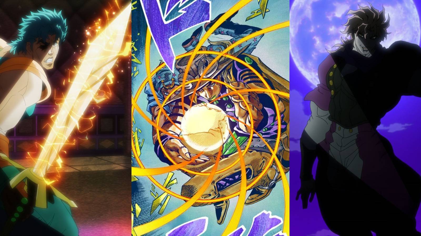 A collage of three powerful abilities in JoJo’s Bizarre Adventure that aren't Stands: Hamon, Spin and Vampirism.