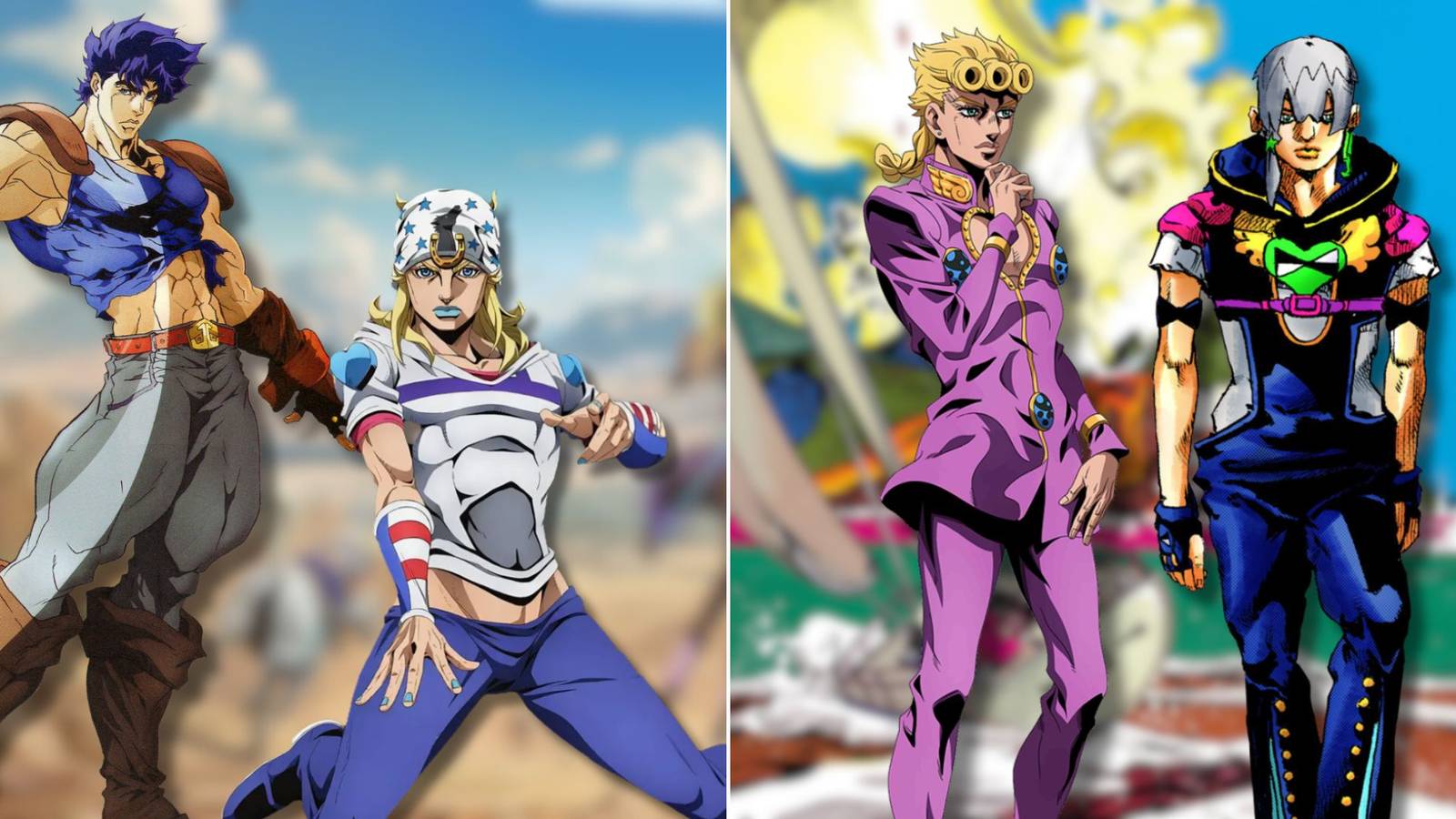 A collage of two JoJo's Bizarre Adventure characters with their respective alternate universe counterparts: Jonathan Joestar with Johnny Joestar and Giorno Giovanna with Jodio Joestar.