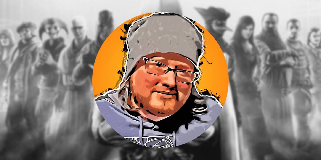 Joshua Duckworth over blurred background of Assassin's Creed Brotherhood game cover