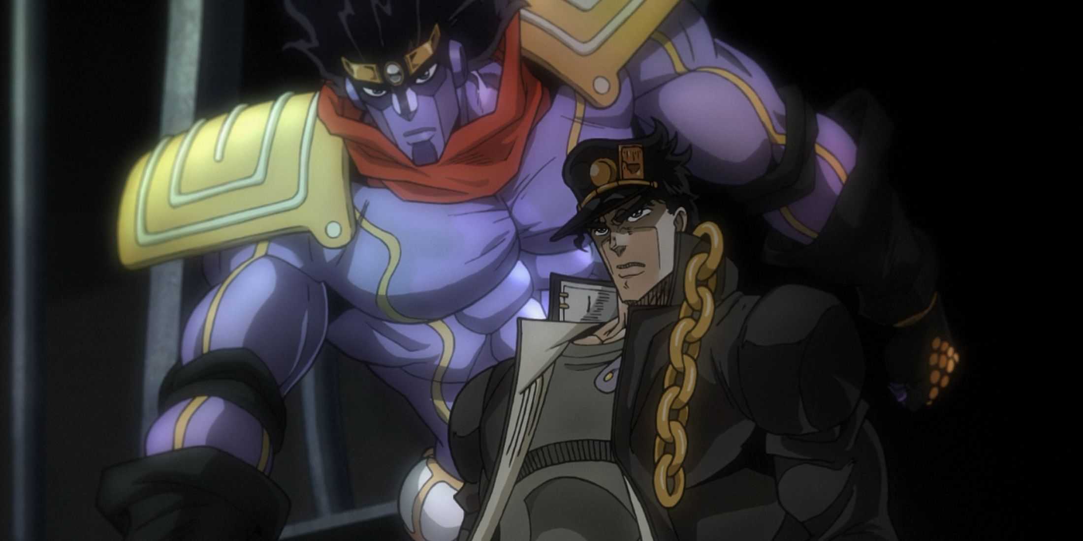 Jotaro with his stand, Star Platinum.