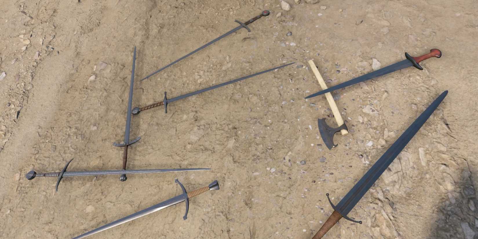 KCD2 different weapons laid on the ground