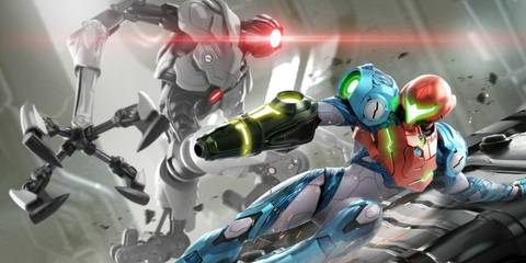 Key Art From Metroid Dread Showing Samus Clambering Over Rubble To Avoid An E.M.M.I Robot