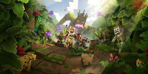 Key Art From Minecraft Dungeons Showing The Game's Protagonists In Action Poses Attacking Enemies