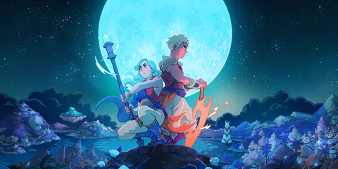 Key Art From Sea Of Stars Showing The Game's Protagonists Relaxing In Action Poses Against A Full Moon