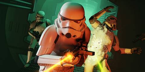 Key Art From Star Wars Dark Forces Remastered Showing A Squad Of Storm Troopers In Action Poses