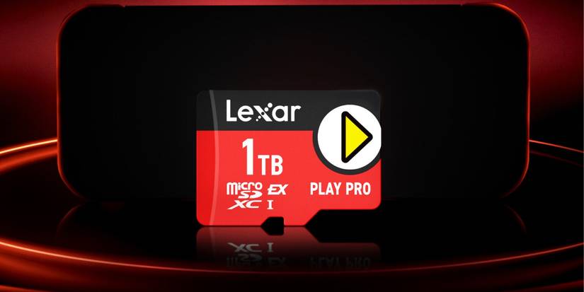 The Lexar PLAY PRO microSDXC Express Card in front of a gaming console