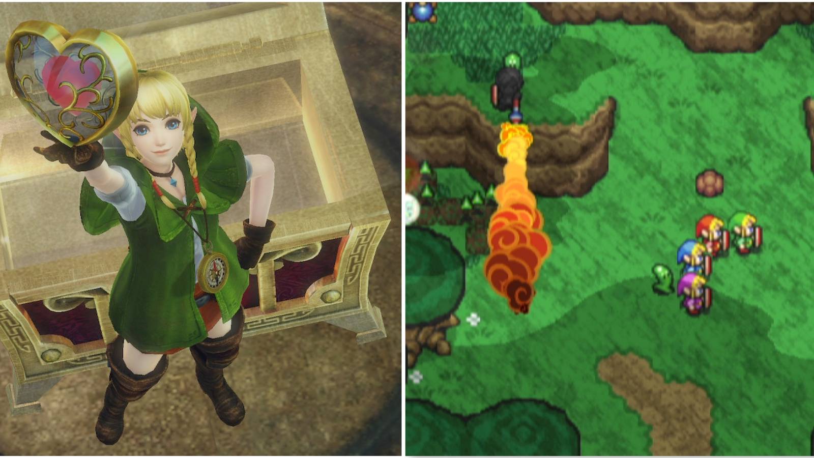 Linkle in Hyrule Warriors and Avoiding fire traps in The Legend of Zelda Four Swords Adventures