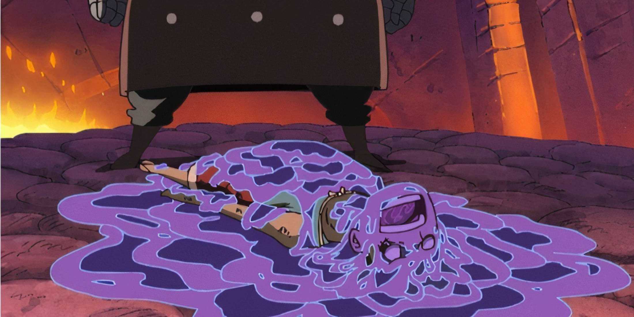 Luffy is defeated by Magellan's Venom-Venom Fruit in One Piece.