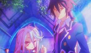 main characters of no game no life standing in an alleyway smiling.