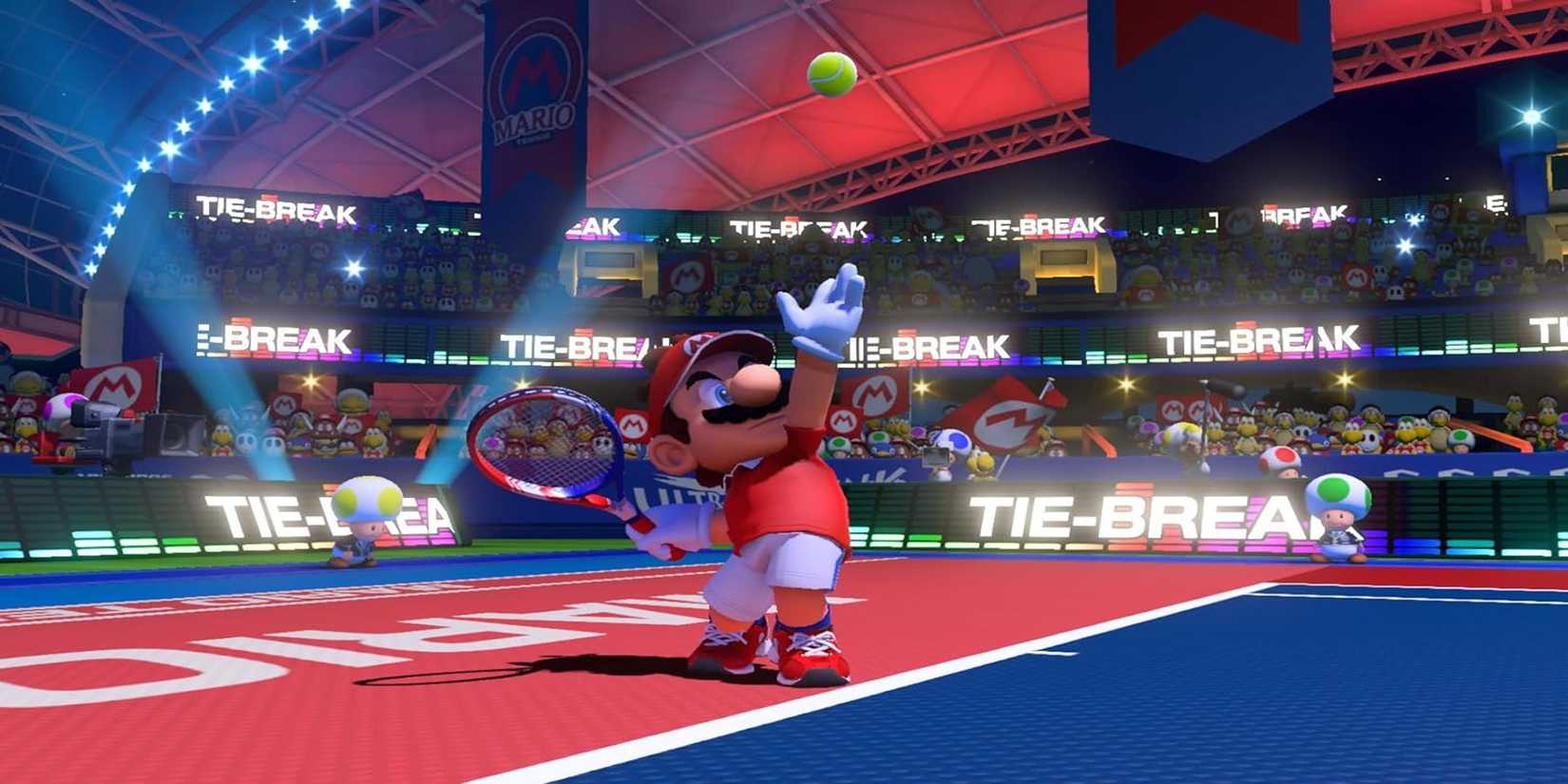 Mario about to hit a shot in Mario Tennis Aces