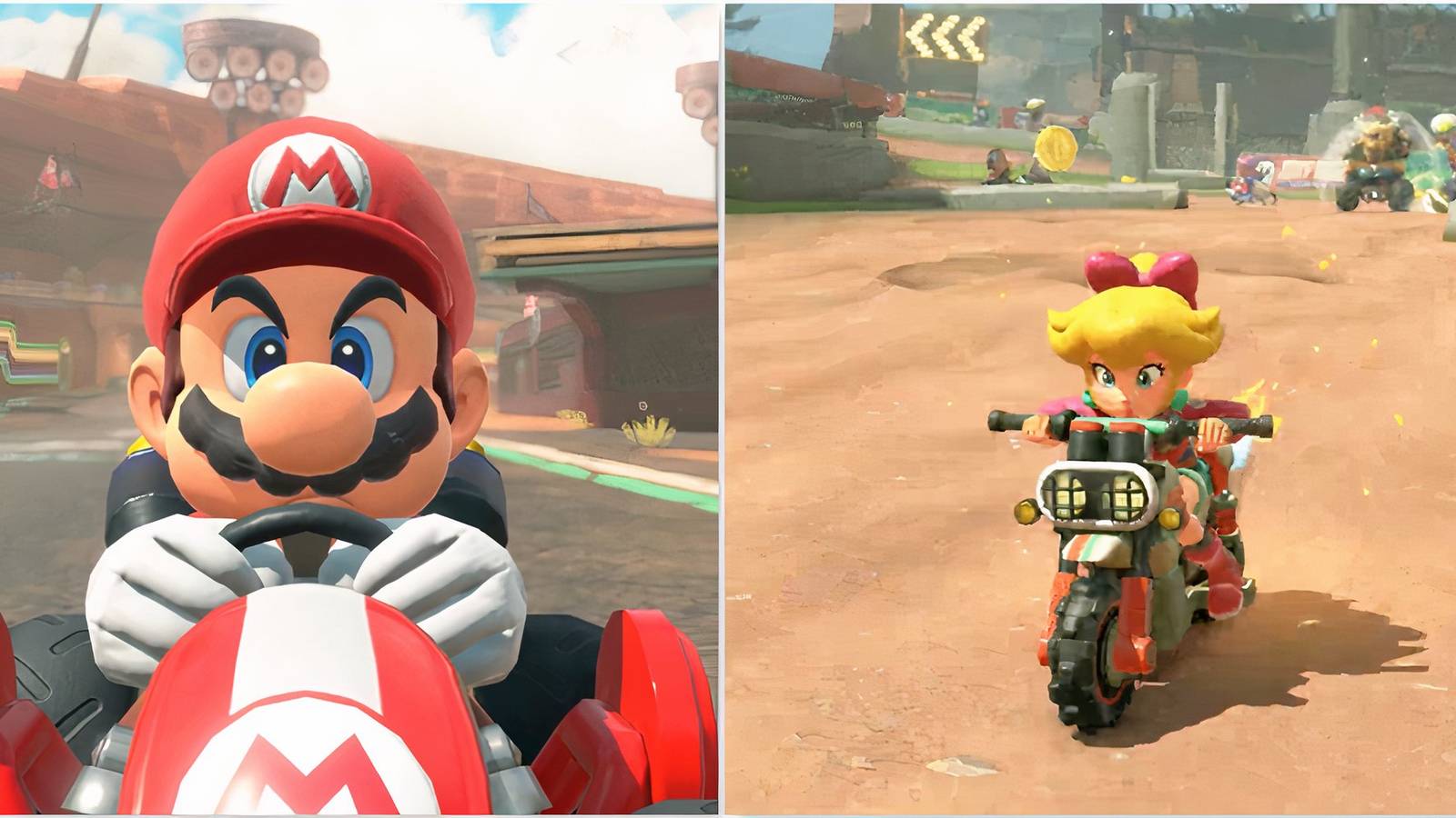 Mario and Peach racing in Mario Kart World