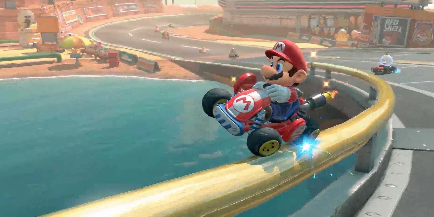 Mario grinding on rails in Mario Kart World