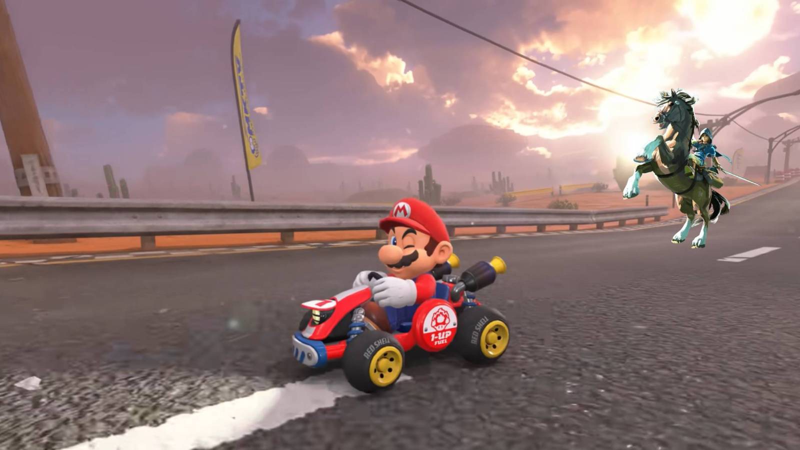 Mario from the Mario Kart World trailer with Link on Horseback from The Legend of Zelda: Breath of the Wild