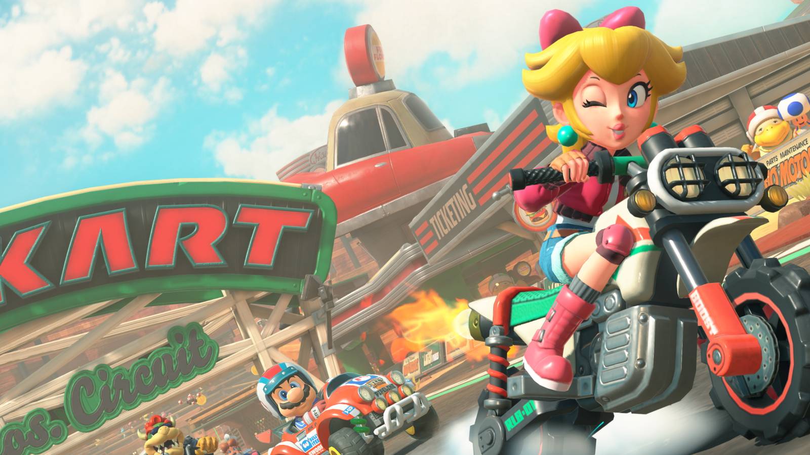 Peach riding a motorcycle in Mario Kart World.