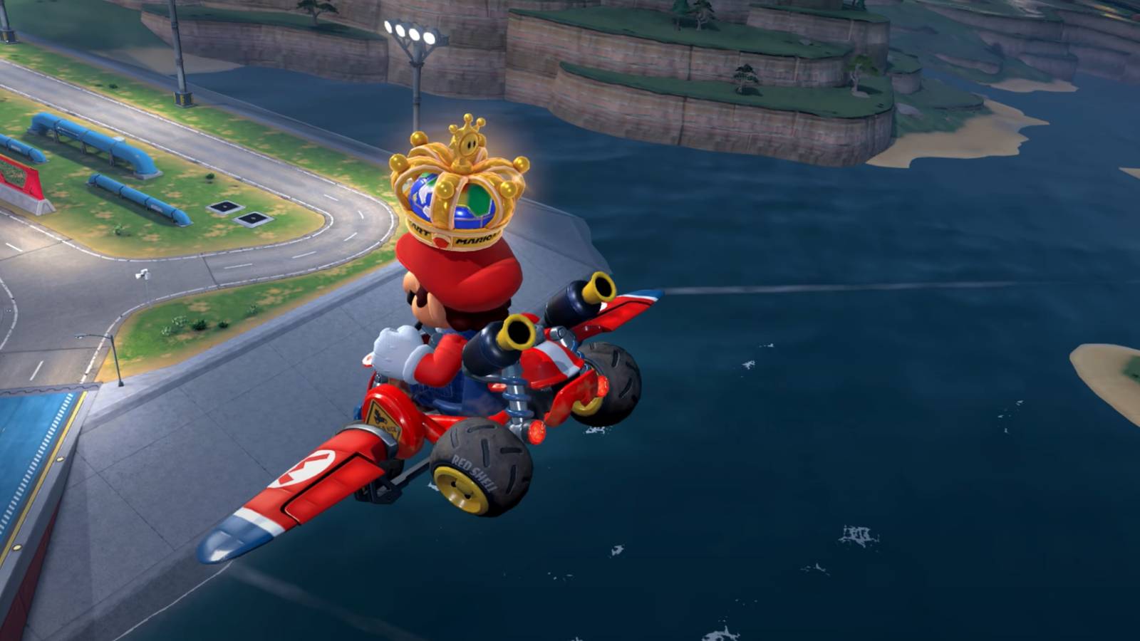 mario wearing a victory crown in mario kart world