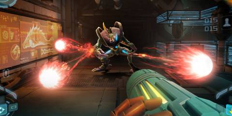 Samus Aran fighting an enemy in Metroid Prime Remastered