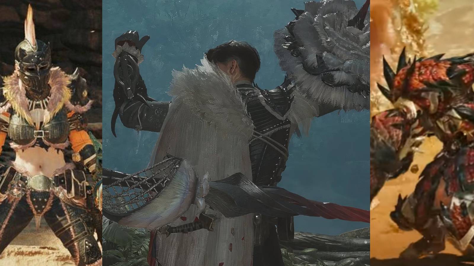 Three screenshots of hunters with Sword and Shield in Monster Hunter Wilds