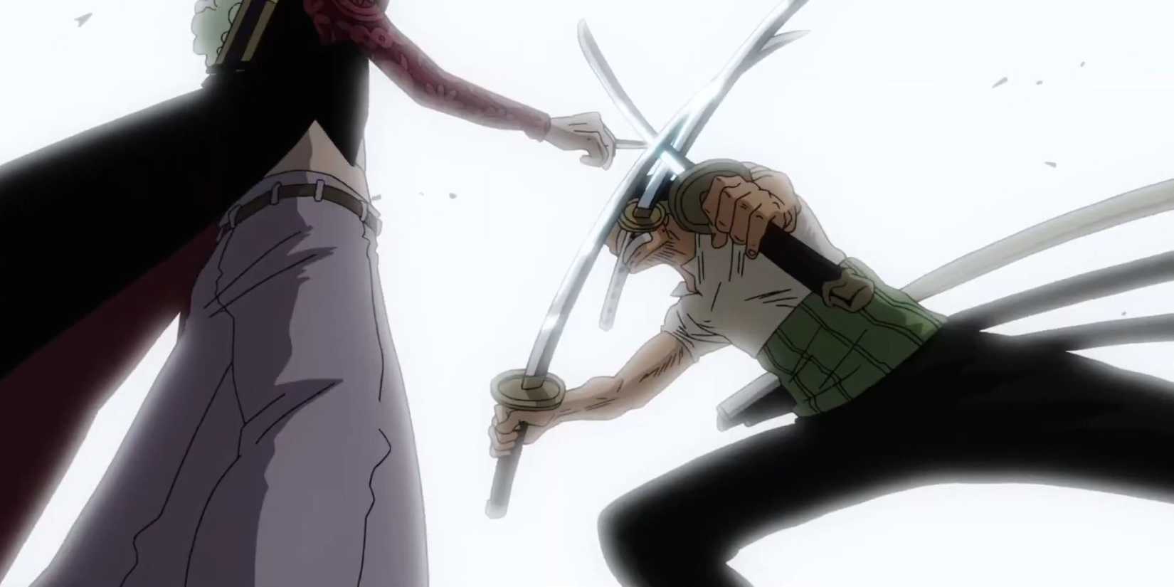 Mihawk blocks Zoro's attack - One Piece