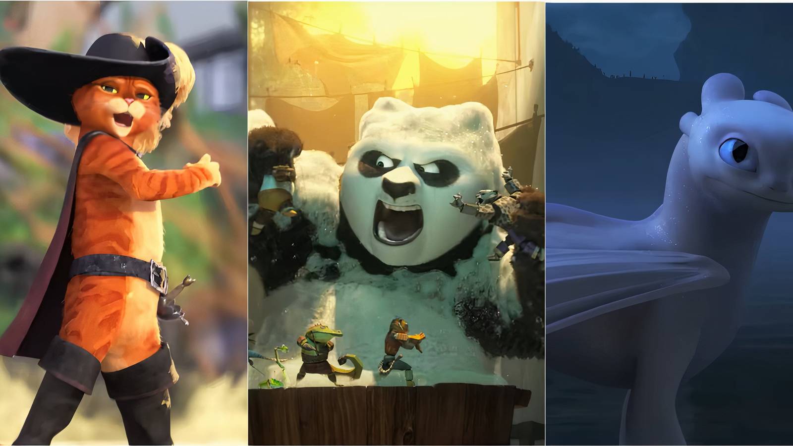 Puss in Boots, Po, and Light Fury in split-screen scenes from DreamWorks animated movies.