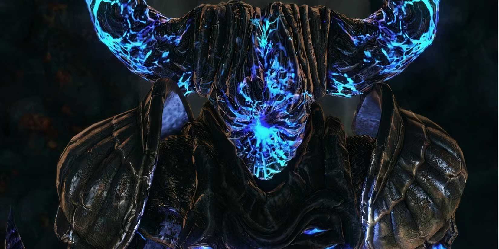 Dark Souls 2: 10 Hardest Boss Runs, Ranked close up of the glowing Blue Smelter demon
