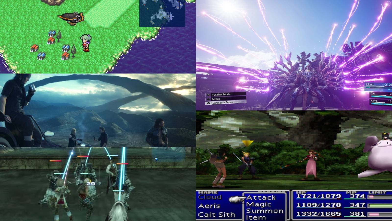 Final Fantasy 6, Final Fantasy 15, Final Fantasy 12, Final Fantasy 7, Final Fantasy 7 rebirth best exploration mixed gameplay collage
