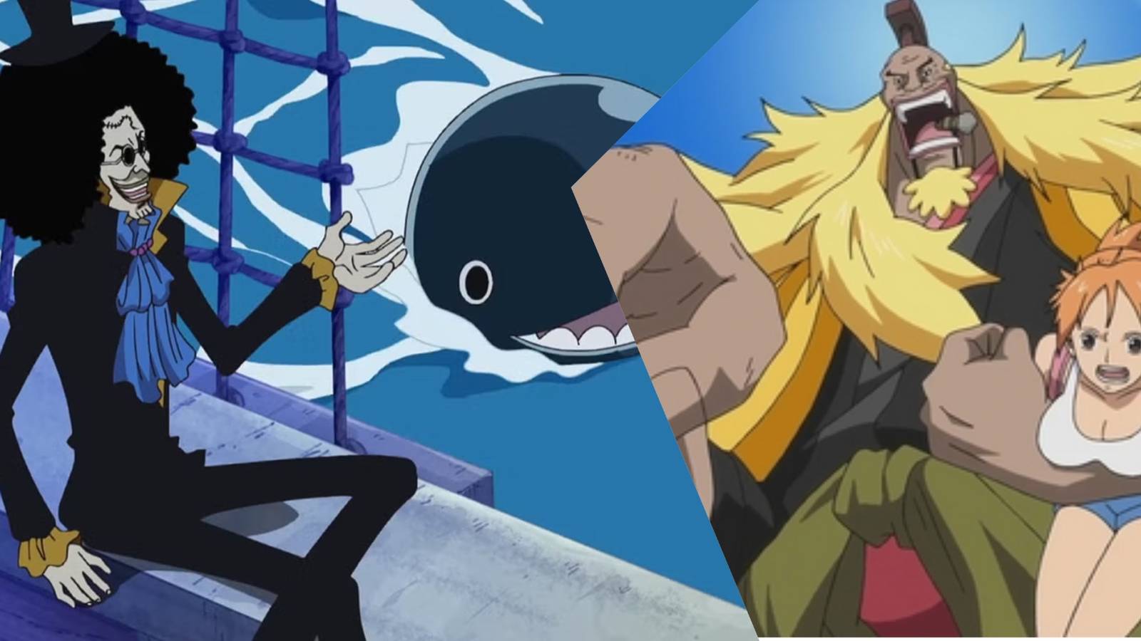 Brook (alive) and a younger Laboon; Shiki holding Nami while pointing