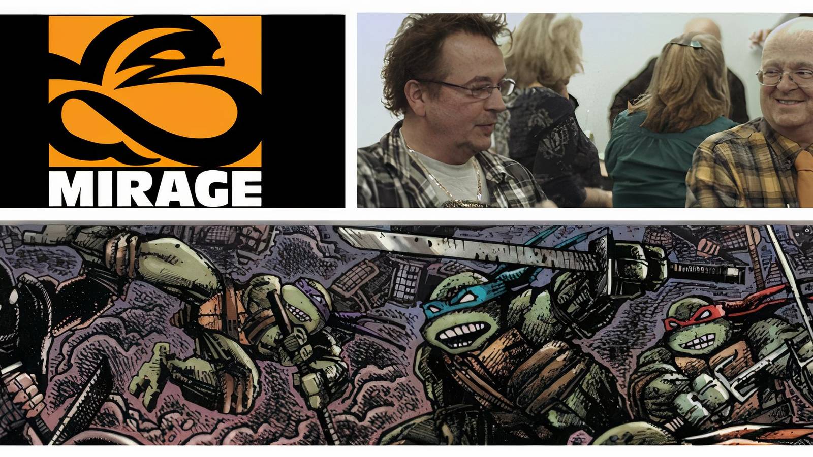 Top-Left: Mirage Studios Logo. Top-Right: Kevin Eastman and Peter Laird. Bottom: Donatello, Leonardo, and Raphael fighting a foot soldier.