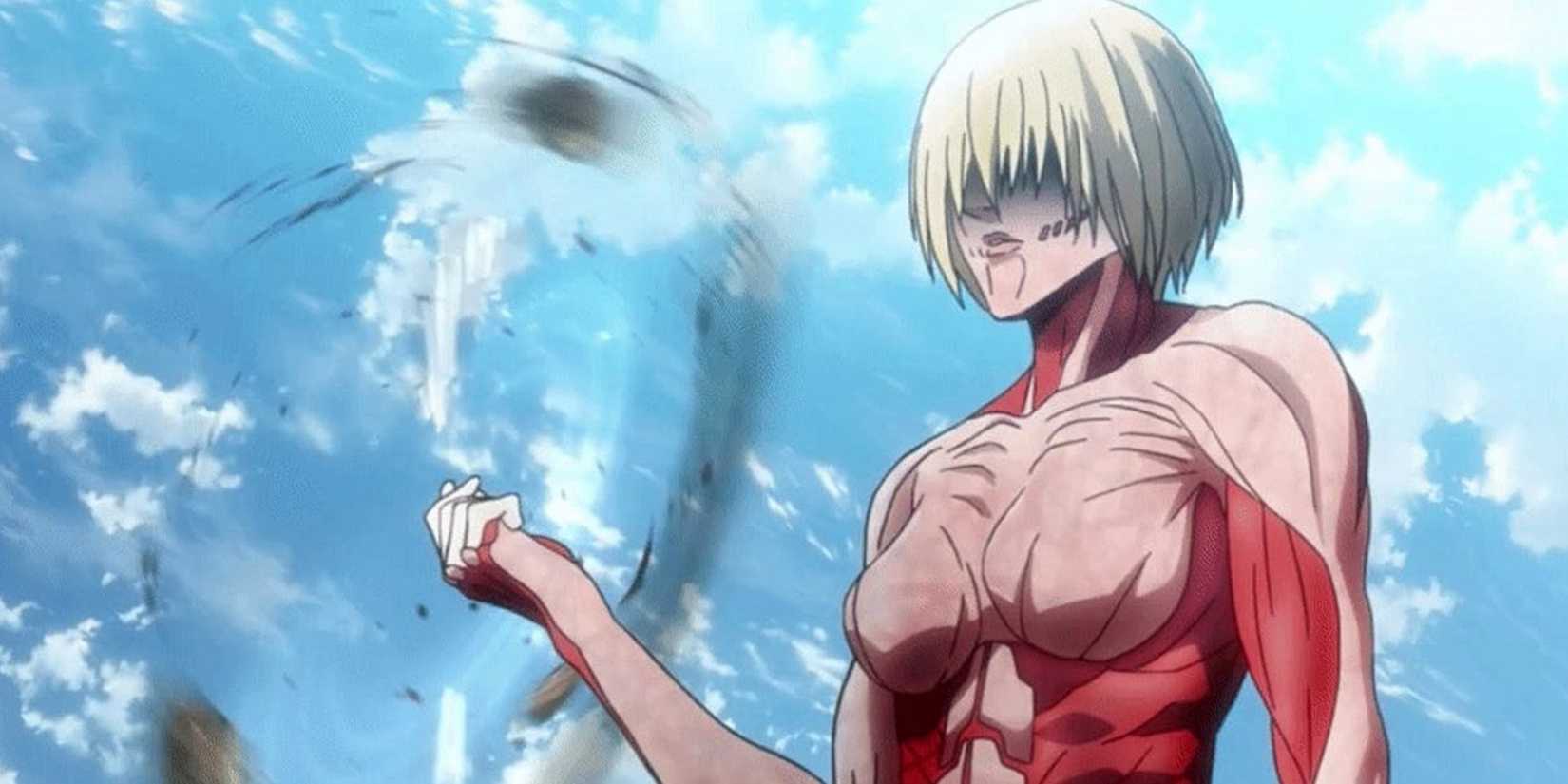 The Female Titan spinning a Survey Corps soldier to his death in Attack on Titan
