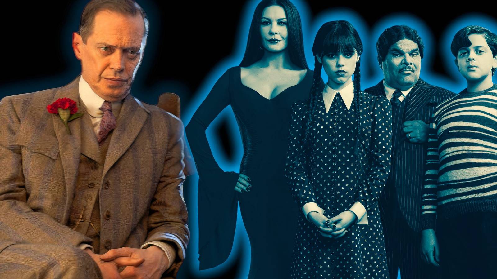 Barry Dort and The Addams Family in Netflix's Wednesday.