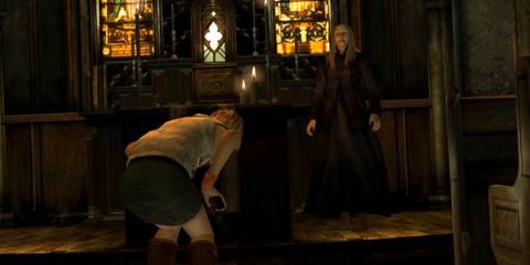 Silent Hill 3 - Heather doubling over in front of Claudia in church