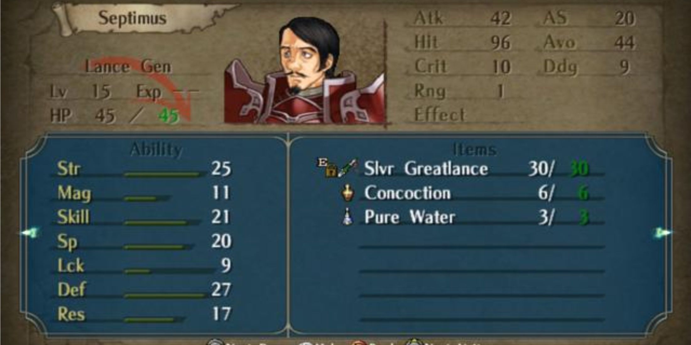 The stats Septimus has for his boss battle