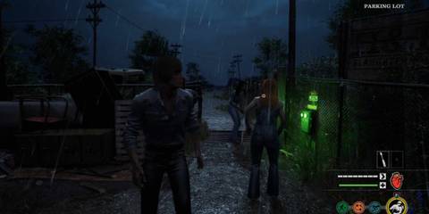 Texas Chainsaw Massacre: Leland at generator exit, beside Connie and Julie