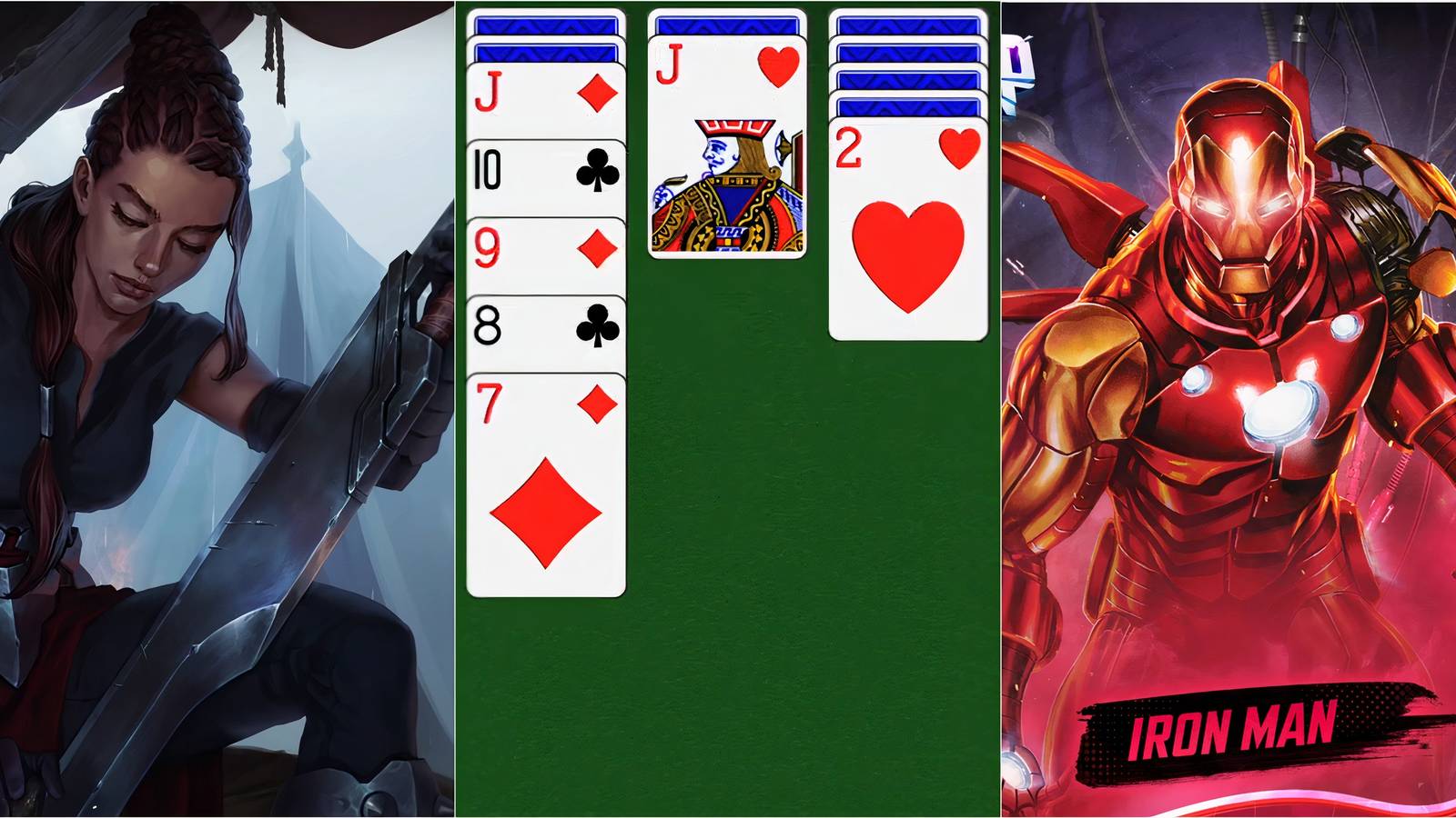 Iron Man card art, fantasy warrior with sword, and Solitaire game screen
